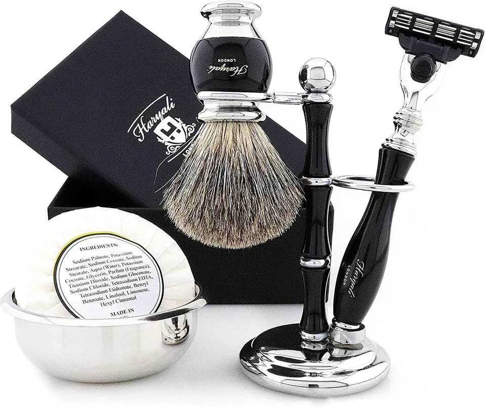 HARYAL LONDON Classic Shaving Kit Set Shaving Brush Badger Hair & 3 Edge Razor Stand Soap Bowl