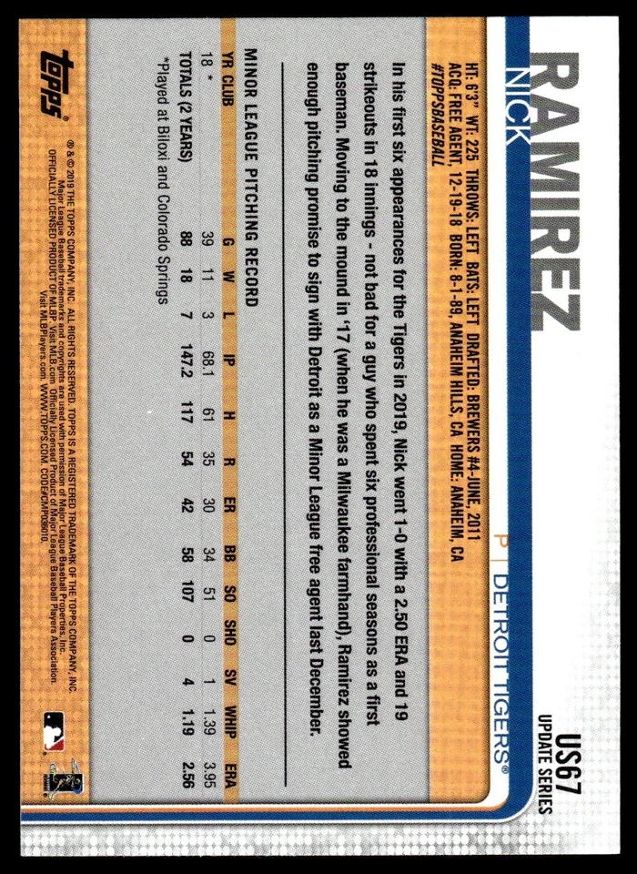 2019 Topps Update Nick Ramirez Rookie Detroit Tigers #US67 R88 - Image 2 of 2