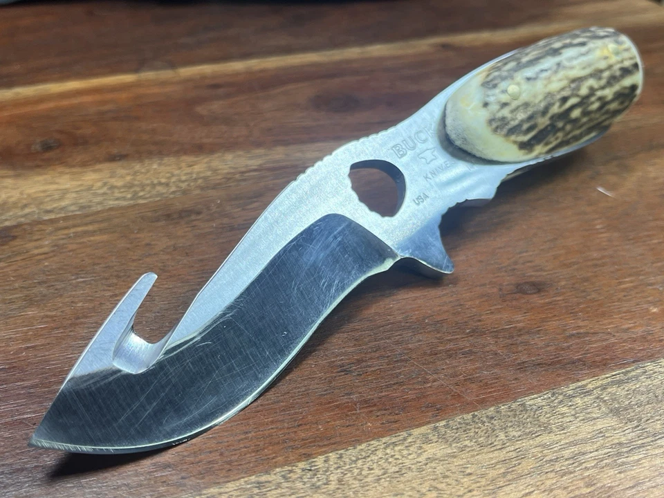 Custom USA BUCK 141 Paklite Elk Antler Handles + New Handmade Leather Sheath - Image 3 of 4