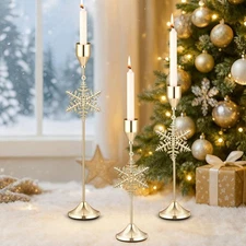 3 Pcs Christmas Snowflake Taper Candle Holders, 3 Size Gold Christmas Candles...