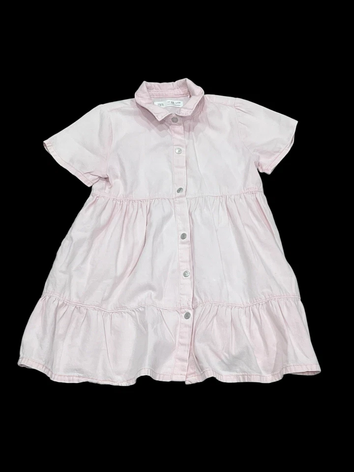 Zara Girl's 4-5 Pink Denim Shirt Dress Short Sleeves Tiered Collared 6987/502 - Image 4 of 4