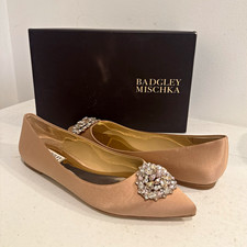 Badgley Mischka Davis Satin Ballet Flats Pink Rhinestone Pointed Toe Women 8.5