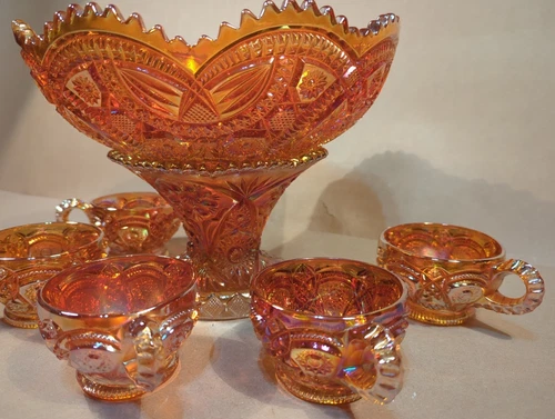 Vintage Marigold Carnival Glass Elevated Punch Seven Piece Punch Bowl Set