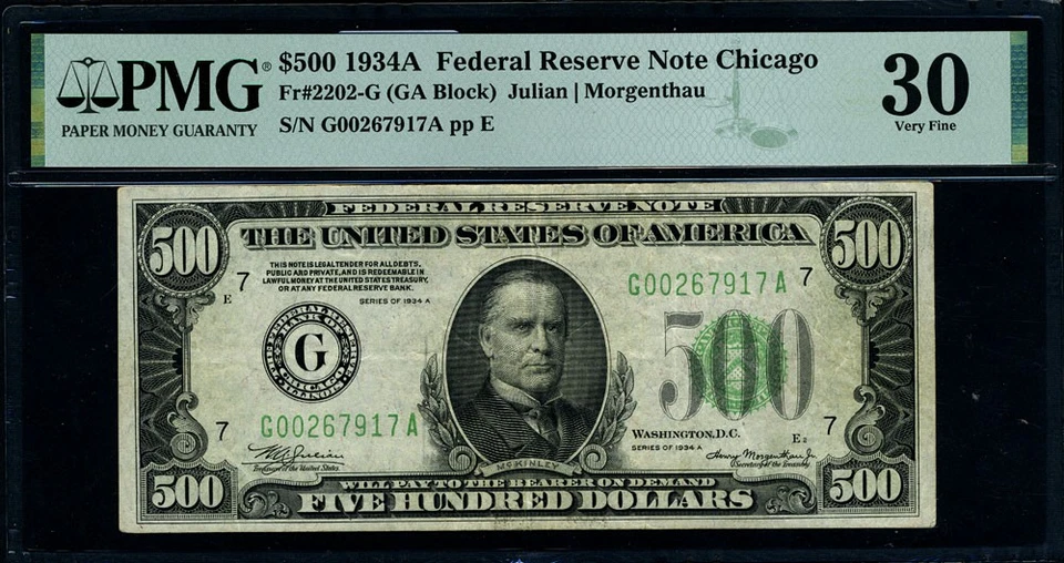 FR. 2202 G $500 1934-A Federal Reserve Note Chicago G-A Block PMG VF30 - Image 2 of 3