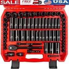 64pcs 3/8" Drive Impact Socket Set Metric SAE Ratchet Tool Storage Box New