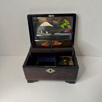 VTG MCM Japan Black Lacquer Inlay Mt Fuji Hand Painted Jewelry Music Box Read
