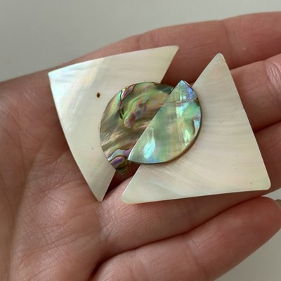 Vintage Genuine Mother Of Pearl & Abalone Large Triangle Pierced Earrings