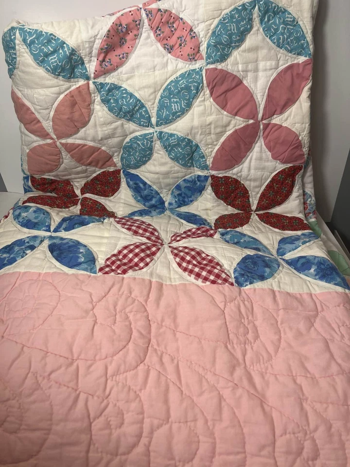 Edredón acolchado a mano con cáscara de naranja rosa azul floral retazos estilo cottagecore Foto 4 de 4