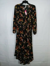 XHILARATION  Women's Black Floral Long Sleeve V-neck High-Low Dress size XS NWT