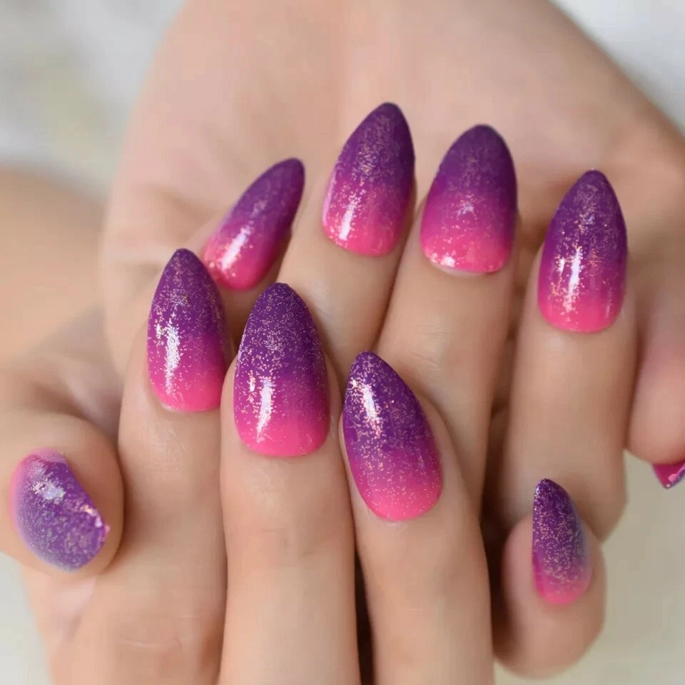 24 Ombre pink purple Press On Nails w Glue pointed almond stiletto glitter
