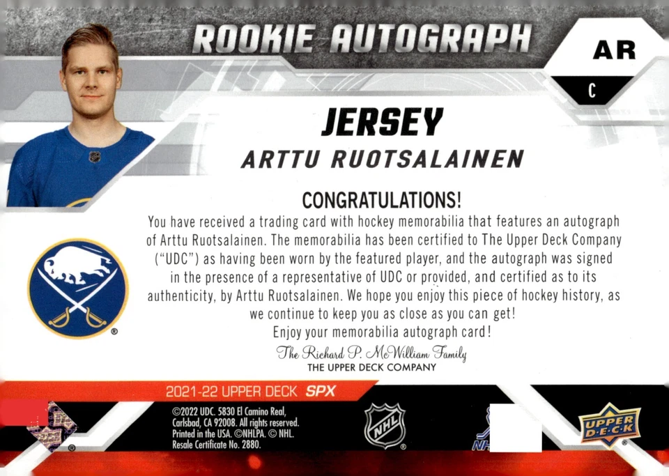 Arttu Ruotsalainen - 2021-22 Upper Deck SPX Rookie Auto Jersey /375 Card #AR - Image 2 of 2