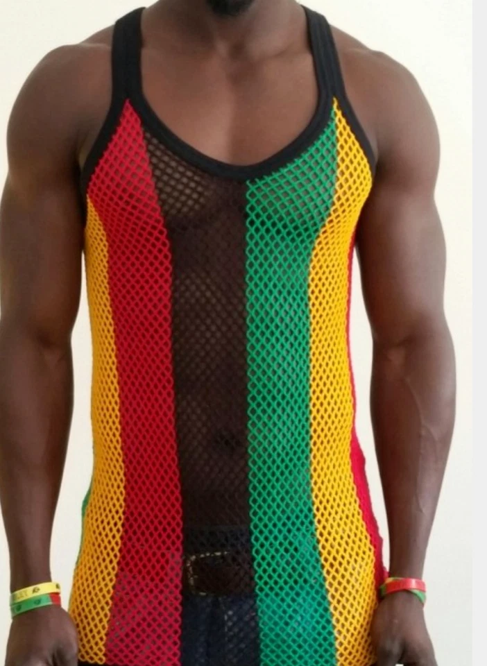 Mens String summer mesh vest top 100% cotton fishnet fitted breathable Tank Gym - Image 4 of 4