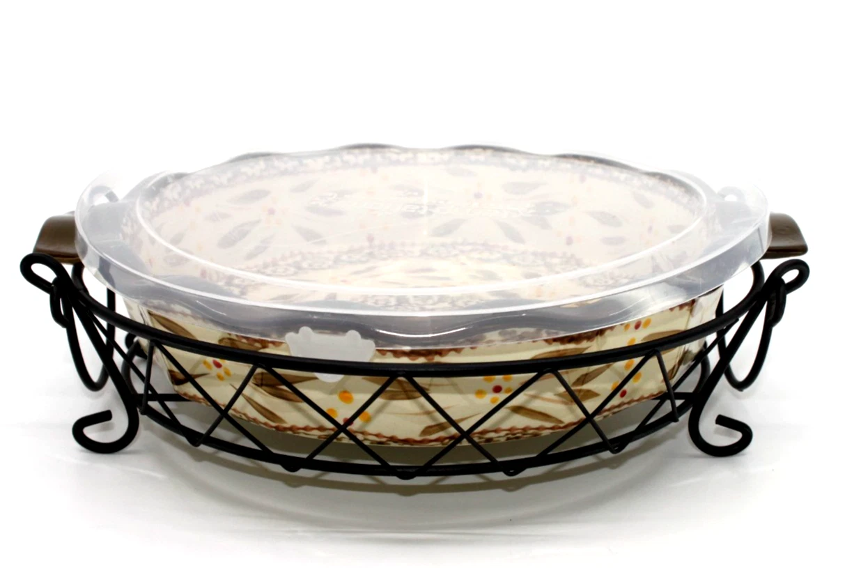 TempTations by Tara Old World Green 9"in Bakeware Round Dish with Lid & Rack