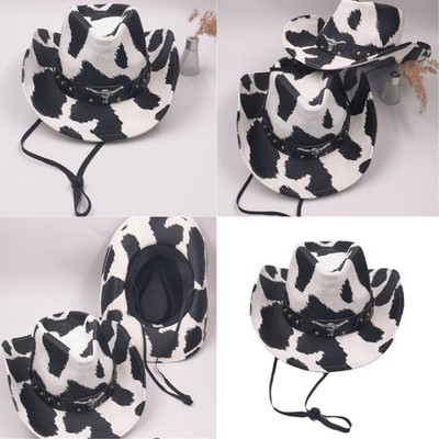 Elegant Rolled Brims Cowboy Hat Cow Pattern Straw Hat Western Hat for Girl