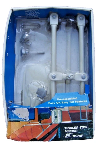NEW Vintage TRAILER TOW MIRROR, 1970's CLIP ON, K SOURCE, EXTENDED ARM OFF WHITE