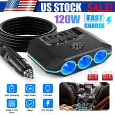 3 Way Car Cigarette Lighter Socket Splitter USB Power Adapter Fast Charger 12V