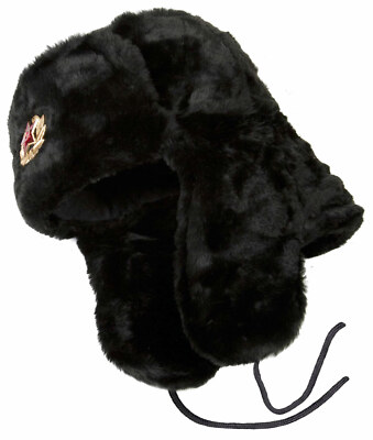 Russian ushanka winter hat. Black Faux fur. Trapper Aviator Ear
