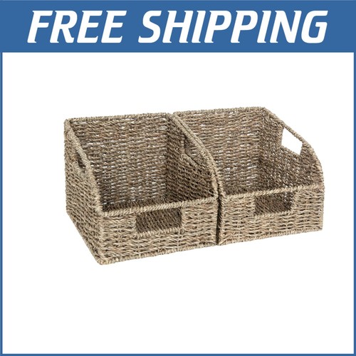 Handwoven Seagrass Storage Baskets - Eco-Friendly 2-Pack with Wooden Handles