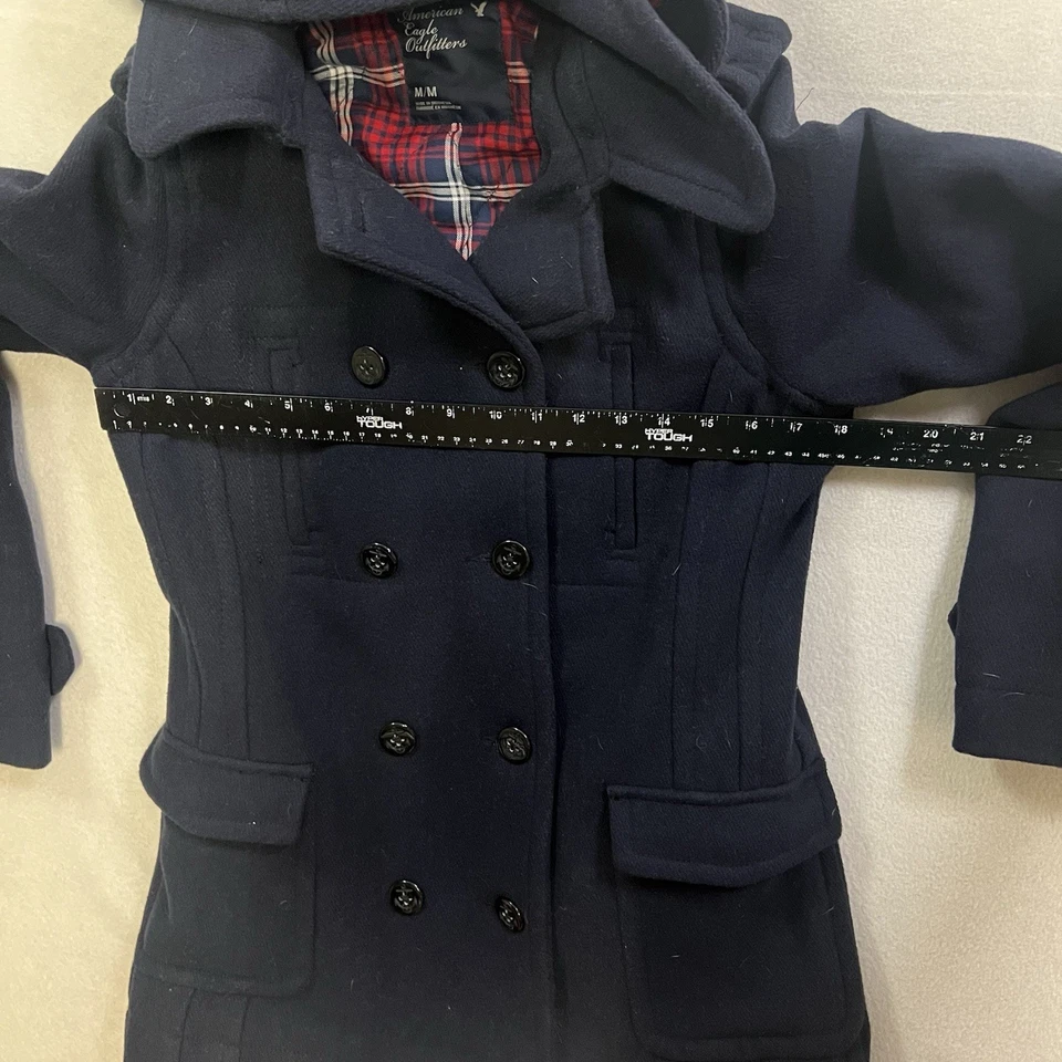 Jaqueta com capuz American Eagle azul xadrez forrada mistura de lã feminina média - Imagem 4 de 4