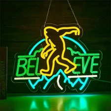 Sasquatch Believe Neon Sign for Wall Decor, Bigfoot Neon Green + Yellow + Blue