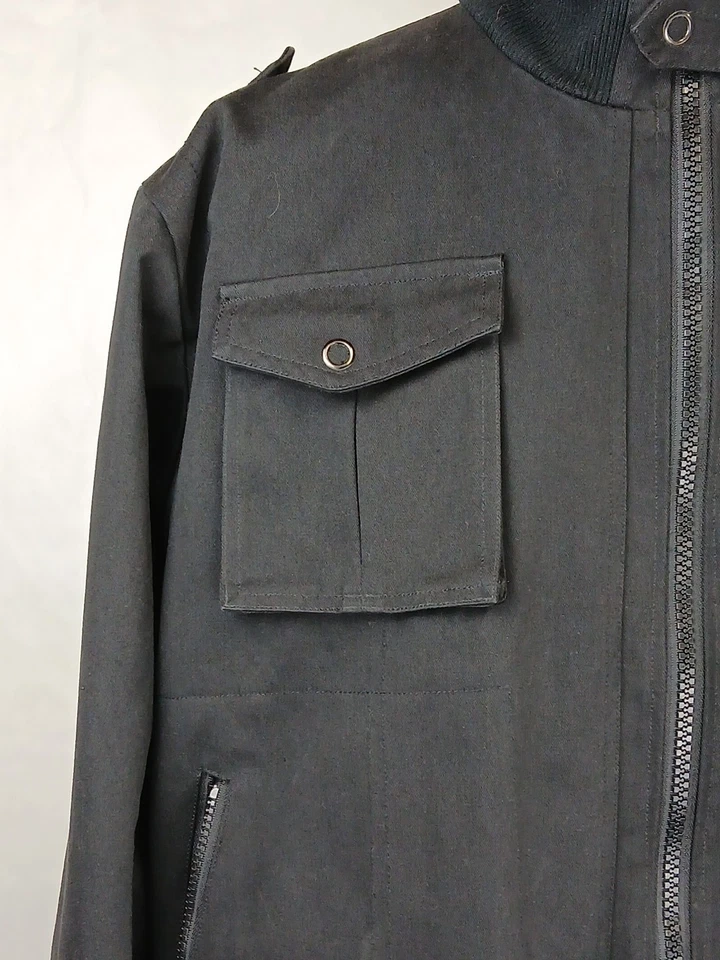 Frank Q Denim Bomber Jacket Denim Size XL aka Frank and Oak Full Zip Knit Collar - Image 3 of 4