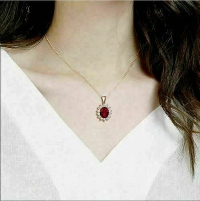 2Ct Oval Cut Red Ruby Petty Halo Pendant on Solid 14K Yellow Gold Finish