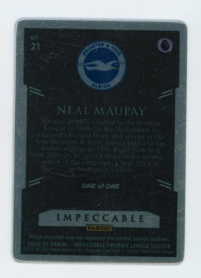 2020-21 Neal Maupay Panini Impeccable Stainless Stars Black Brighton Card 1/1 - Image 2 of 3