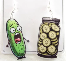 ASYMMETRICAL PICKLE GUY HORRIFIED @ JAR OF SLICED PICKLES ACRYLIC DROP EARRINGS