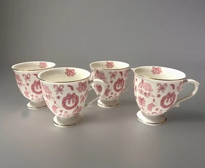 GRACE'S TEAWARE 4- Grace Teaware CHRISTMAS PINK BOW Fine Porcelain Footed Tea Cup Set 10 oz NEW!