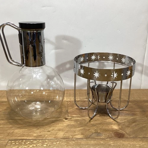 Vintage PYREX Atomic MCM Glass/ Chrome Carafe w/ Lid & Candle Warmer Stand