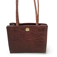 Vintage FURLA Crocodile Embossed Tote Bag Purse Brown Leather Hand Bag