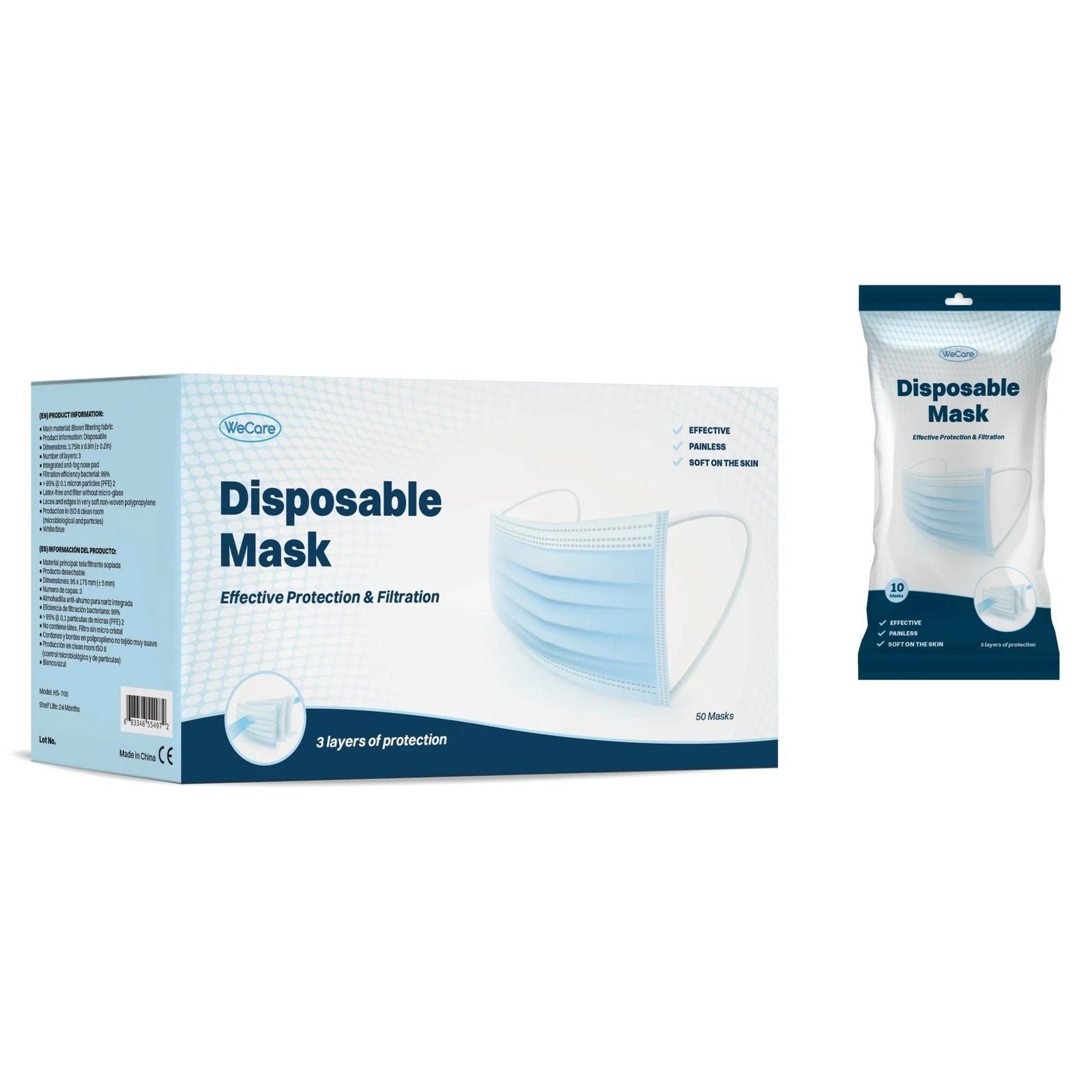 WeCare Disposable Face Mask, 3-Ply with Ear Loop - White/Blue 5-10-50 Pack