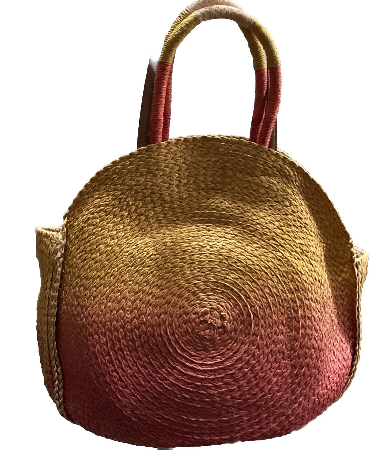 Vintage Hand made Orange Pink Straw Round Purse Vacation Beach, River Vibes