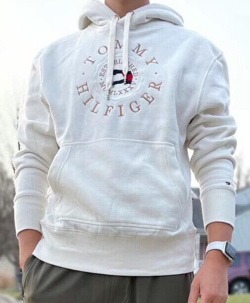 Tommy Hilfiger Men\'s Pullover Hoodie Sweater Circle Logo Size L Off White  $129 | eBay