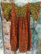Whimsical BOHO African Print Orange Yellow Swirls Maxi Dress M/L