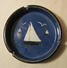Vintage Sailboat with Birds Ceramic Ashtray Blue
