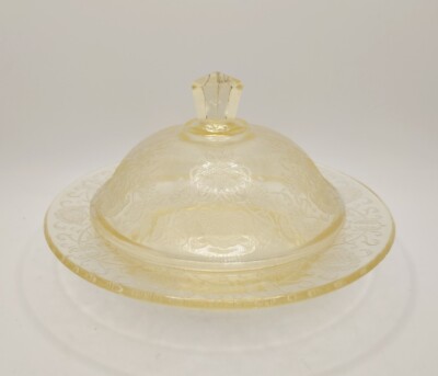 Vtg Florentine #2 Poppy Depression Glass Butter Dish & Lid Yellow Hazel Atlas