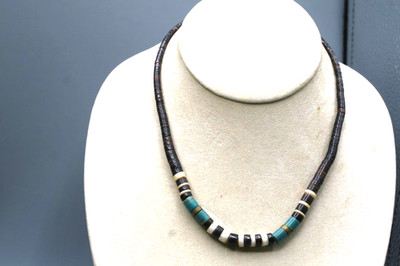 Vintage Native American Heishi Turquoise & Shell 925 Necklace Hand carved  F1
