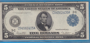 1914 Large Federal Reserve $5 Note Blue Seal White/Mellow