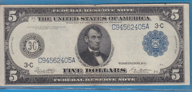 1914 Large Federal Reserve $5 Note Blue Seal White/Mellow