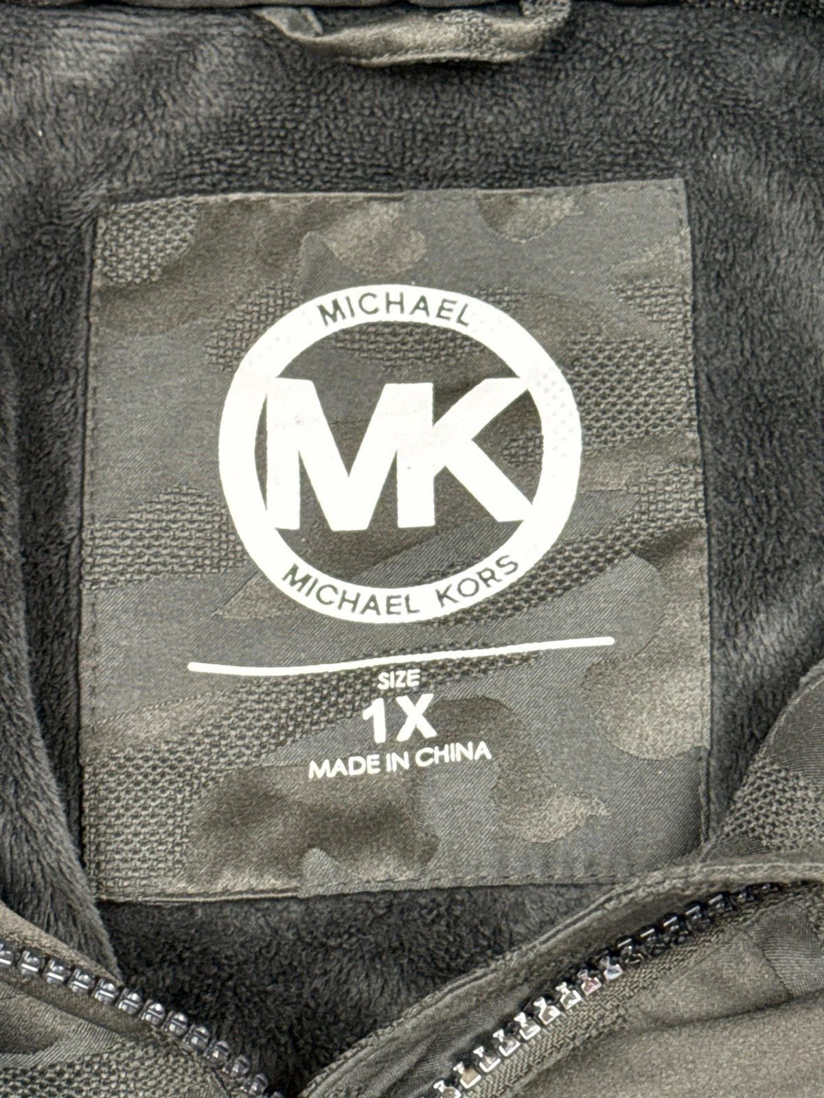 Giacca Michael Kors donna 1X verde moda mimetica militare cappuccio rimovibile zip