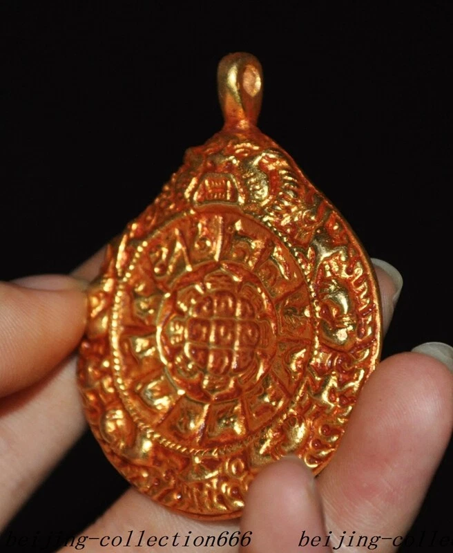 2.4" Tibetan Temple Bronze gilt 24K Gold 12 Animal Tripitaka text Amulet Pendant - Image 3 of 4