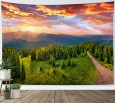 Natural Scenery Sunset Forest Path Tapestry Wall Hanging for Living Room Bedroom