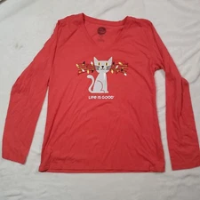 Life is Good Shirt Womens Med Red Crusher Tee Long Sleeve Cat Christmas Lights