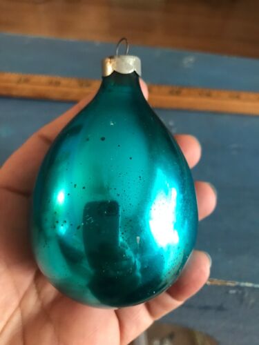 Vintage Mercury Glass CHRISTMAS TREE ORNAMENT egg shape Blue Aqua USA - Afbeelding 1 van 4