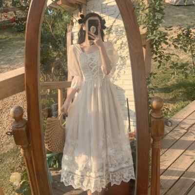 French Vintage Midi Dress Lace Fairy Gowns Casual Korean Wedding