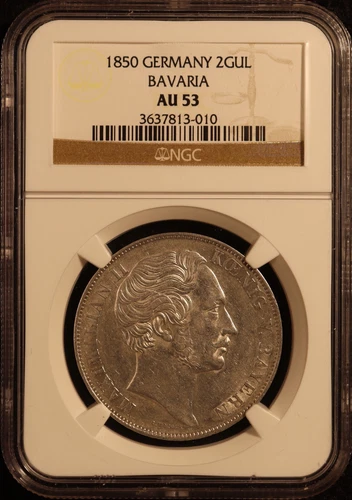 1850 German States - Bavaria Silver 2 Gulden "Maximilian II" -NGC AU53 - Luster!