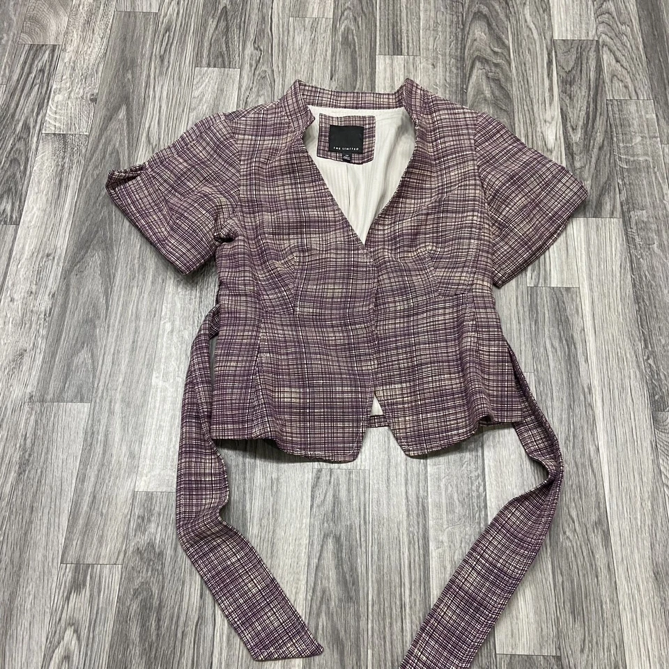 THE LIMITED Open Front Lined Purple Check Belted Blazer Women's Size XS - Image 4 of 4