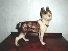 10" CAST IRON BOSTON TERRIER DOORSTOP, RARE BROWN & TAN COLOR, SLOTTED SCREW