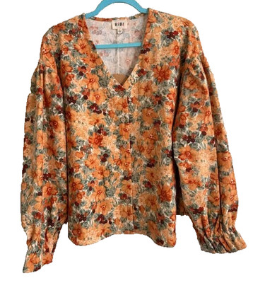 BIBI Button-Up Long Sleeve Shirt - Size L - Peach, Greens and Burgundy Floral